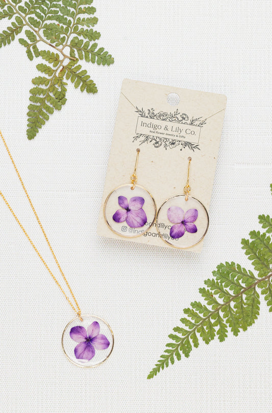 Purple Hydrangea Necklace & Earrings -14k gold-filled option