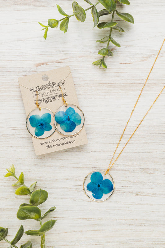 Blue Hydrangea Necklace & Earrings