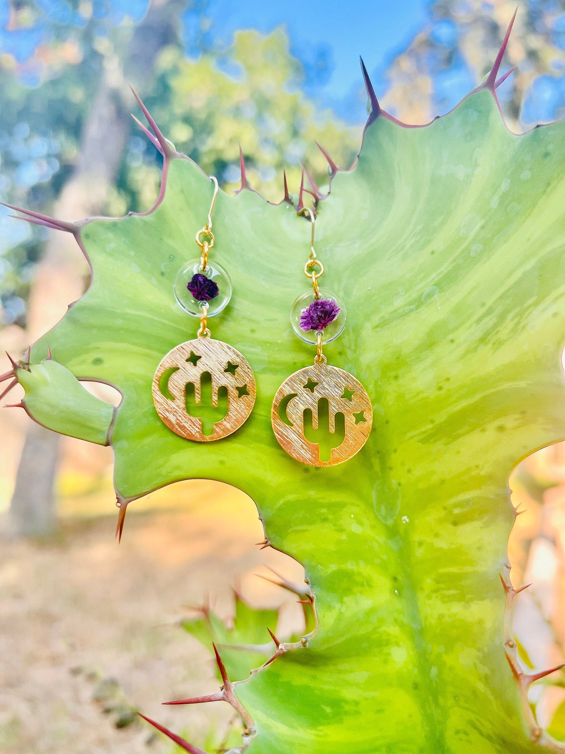 Cactus Earrings, Cacti, Southwestern, Desert, Texas, Real Pressed Flower, Purple, Gold, Drop