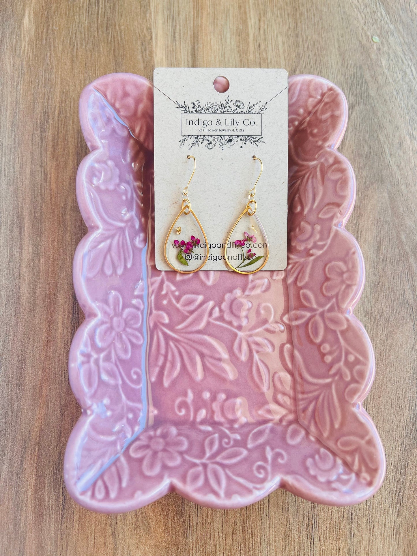 Pressed Flower Teardrop Earrings, Pink, Real Flower, Fuchsia, Maroon, Real, Dried, Dangle, Gift